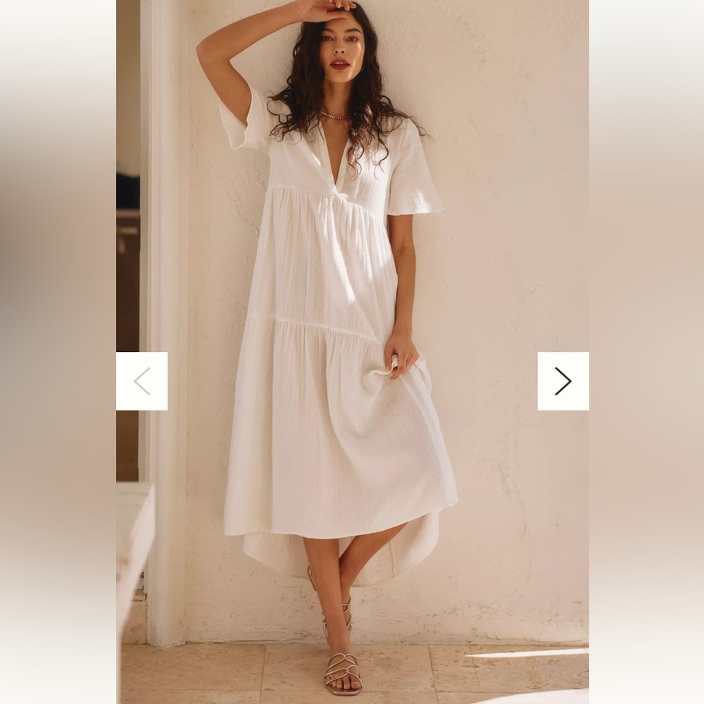NWOT Anthropologie Kallie Flowy White Maxi MIDI Dress Cover-up Crinkle Gauze S